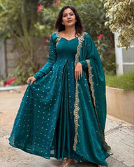 Rama & Wine Silk Embroidery Work Anarkali Suit With Dupatta