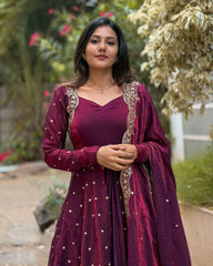 Rama & Wine Silk Embroidery Work Anarkali Suit With Dupatta