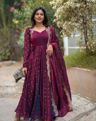 Rama & Wine Silk Embroidery Work Anarkali Suit With Dupatta