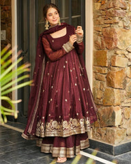 Maroon & Morpinch Heavy Silk Embroidery Work Anarkali Sharara Suit With Dupatta