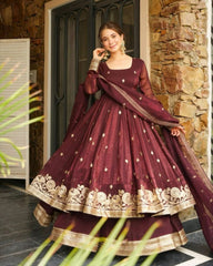 Maroon & Morpinch Heavy Silk Embroidery Work Anarkali Sharara Suit With Dupatta