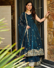 Maroon & Morpinch Heavy Silk Embroidery Work Anarkali Sharara Suit With Dupatta