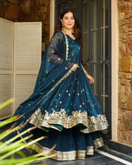 Maroon & Morpinch Heavy Silk Embroidery Work Anarkali Sharara Suit With Dupatta