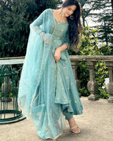 Designer Aqua Silk Embroidery Work Anarkali Suit With Dupatta
