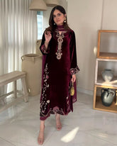 Exclusive Maroon Velvet Sequence Work Pant Suit With Dupatta
