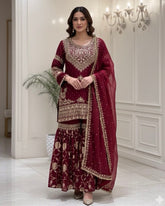 Exclusive Maroon Georgette Embroidered Gharara Suit With Dupatta