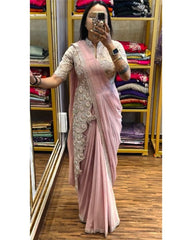 Baby Pink Chinon Silk Sequence Work Saree With Blouse