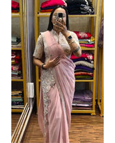 Baby Pink Chinon Silk Sequence Work Saree With Blouse