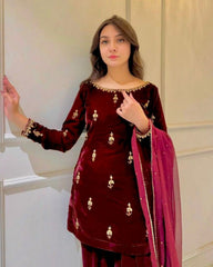 Exclusive Maroon Velvet Sequence Work Salwar Suit With Dupatta