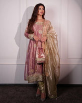 Pastel Pink & Green Tissue Sequence Work Anarkali Suit With Dupatta