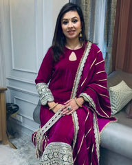 Exclusive Wine & Green Velvet Sequence Work Pant Suit With Dupatta