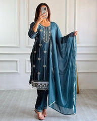 Rama Georgette Sequence Work Pant Suit With Dupatta