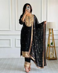 Black Silk Embroidery Work Pant Suit With Dupatta