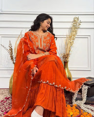 Orange Chinon Silk Embroidery Work Gharara Suit With Dupatta