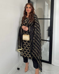 Black Soft Georgette Thread Work Pant Suit With Dupatta