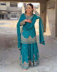 Teal Green Chinon Silk Thread Work Sharara Suit With Dupatta