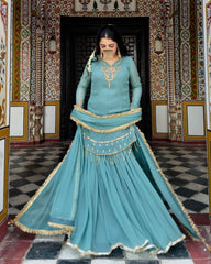 Ready To Wear Sea Green Soft Georgette Embroidery Work Gharara Suit With Dupatta