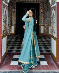 Ready To Wear Sea Green Soft Georgette Embroidery Work Gharara Suit With Dupatta