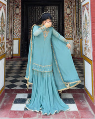 Ready To Wear Sea Green Soft Georgette Embroidery Work Gharara Suit With Dupatta