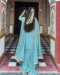 Ready To Wear Sea Green Soft Georgette Embroidery Work Gharara Suit With Dupatta
