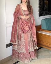 Designer Copper , Red , Black And Purple Heavy Silk Embroidery Work Anarkali Lehenga With Dupatta