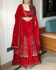 Designer Copper , Red , Black And Purple Heavy Silk Embroidery Work Anarkali Lehenga With Dupatta