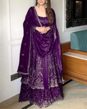 Designer Copper , Red , Black And Purple Heavy Silk Embroidery Work Anarkali Lehenga With Dupatta