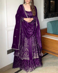 Designer Copper , Red , Black And Purple Heavy Silk Embroidery Work Anarkali Lehenga With Dupatta