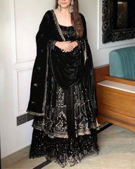 Designer Copper , Red , Black And Purple Heavy Silk Embroidery Work Anarkali Lehenga With Dupatta