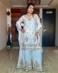 White Chinon Silk Sequence Work Palazo Suit With Dupatta