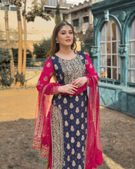 Blue Soft Georgette Embroidery Work Pant Suit With Pink Dupatta