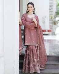 Mauve Chinon Silk Embroidery Work Gharara Suit With Dupatta
