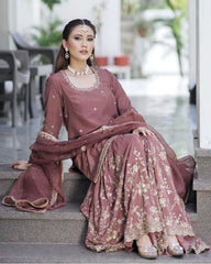 Mauve Chinon Silk Embroidery Work Gharara Suit With Dupatta