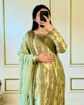 Pista Chinon Silk Embroidery Work Pant Suit With Dupatta