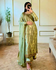 Pista Chinon Silk Embroidery Work Pant Suit With Dupatta