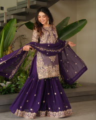 Ready To Wear Red & Purple Soft Georgette Sequence Work Sharara Suit With Dupatta