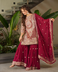 Ready To Wear Red & Purple Soft Georgette Sequence Work Sharara Suit With Dupatta
