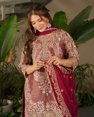 Ready To Wear Red & Purple Soft Georgette Sequence Work Sharara Suit With Dupatta