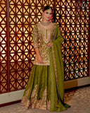 Pink & Green Chinon Silk Thread Work Sharara Suit With Dupatta