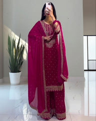 Rani Pink Chinon Silk Sequence Work Palazo Suit With Dupatta