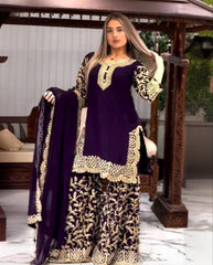 Purple Georgette Embroidery Work Sharara Suit With Dupatta