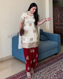 Cream & Red Chinon Silk Thread Work Salwar Suit With Dupatta