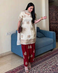 Cream & Red Chinon Silk Thread Work Salwar Suit With Dupatta
