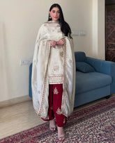 Cream & Red Chinon Silk Thread Work Salwar Suit With Dupatta