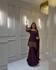 Plum Wine Soft Georgette Embroidery Work Gharara Suit With Dupatta