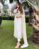 Designer White Soft Georgette Embroidery Work Pant Suit With Dupatta