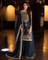 Designer Neavy Blue Soft Georgette Embroidery Work Palazo Suit With Dupatta