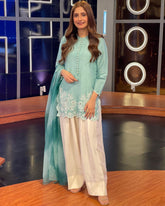 Designer Sky & Cream Soft Georgette Embroidery Work Farshi Suit With Dupatta