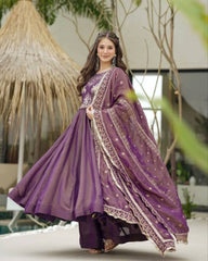 French Violet Crush Silk Embroidery Work Anarkali Suit With Dupatta