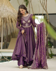 French Violet Crush Silk Embroidery Work Anarkali Suit With Dupatta